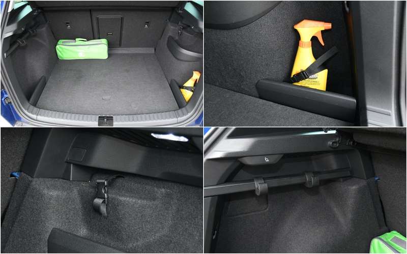 Реальный объем багажника 404 литра. Внутри есть емкости, ремни крепления мелких предметов с замками и регулируемые крючки для сумок.