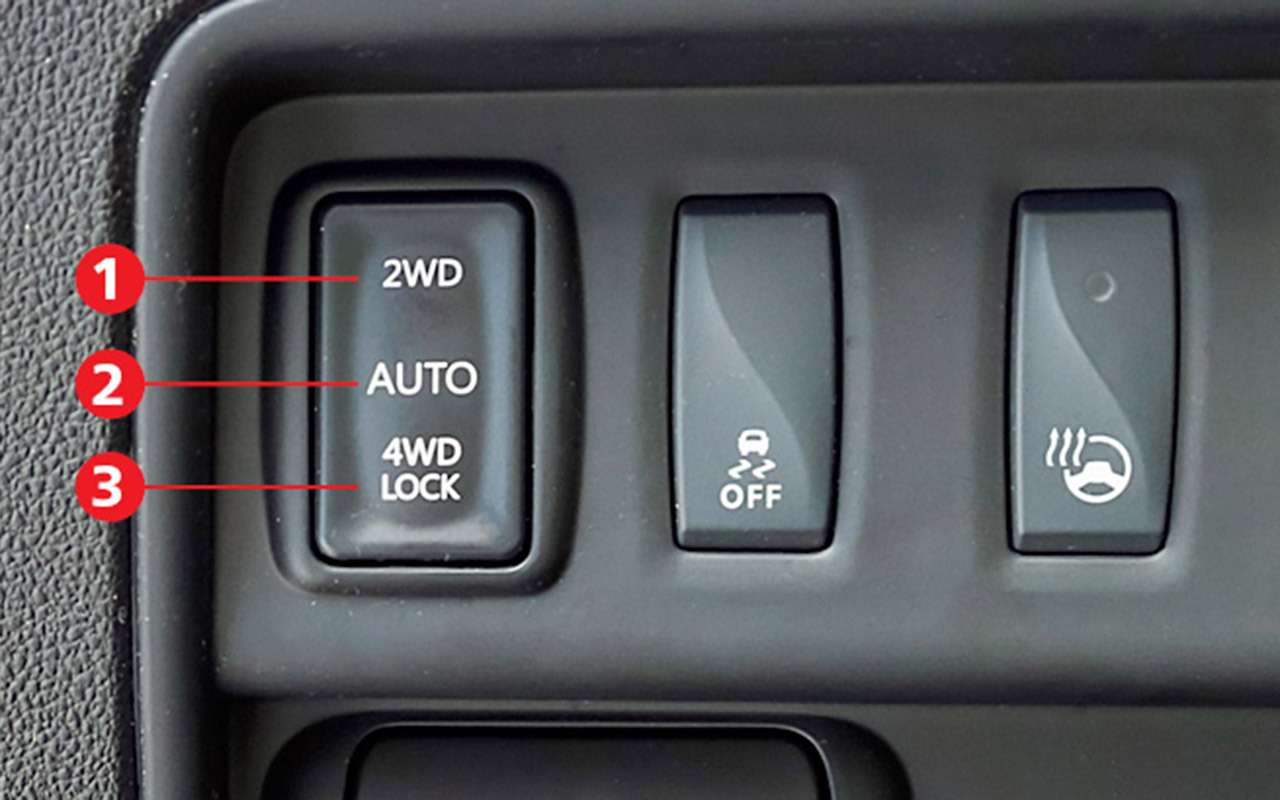 За выбор режимов работы трансмиссии Колеоса отвечает клавиша слева от руля. Рядом – кнопка отключения системы стабилизации.