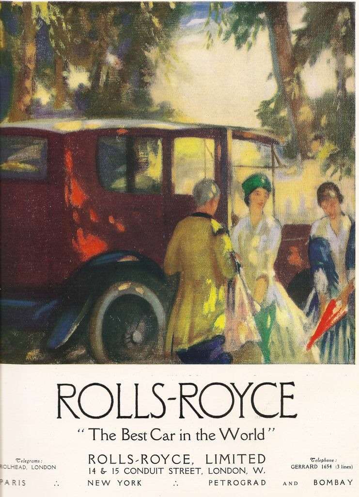 Изящной рекламе Rolls-Royce были не чужды мотивы импрессионистов. Интересно, что реклама марки утверждала, будто мощность автомобилей RR «достаточная». Во всяком случае, в начале ХХ века из мощности не делали секрета. У модели 40/50HP она составляла до 48 л.с. Из архива Станислава Кирильца