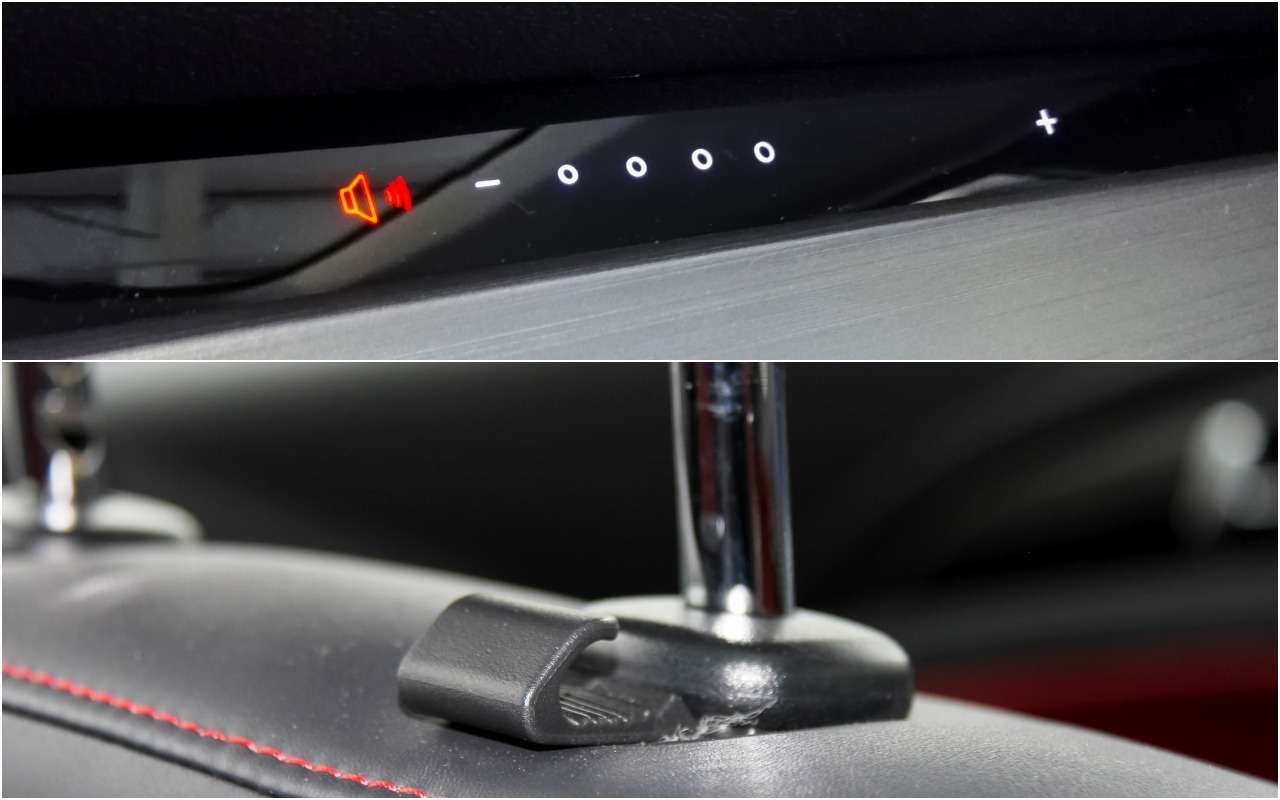 Из любопытных решений в CS35 Plus – сенсорная линейка регулировки громкости музыки на панели прямо перед правым пассажиром, крючки для пакетов в основании передних подголовников и огромный бокс между передними сиденьями.