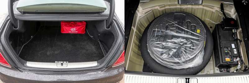 Объем багажника Kia (416 л) лишь на четыре литра больше, чем у G80. Одинакова и погрузочная высота, и организация подполья. Спинки задних сидений монолитны.
