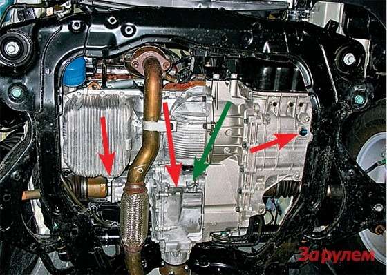 Hyundai Tucson: Фильтр двигателя найдете без подсказок. Сливные пробки мотора, углового редуктора и АКП отмечены красными стрелками, заливная пробка редуктора — зеленой.