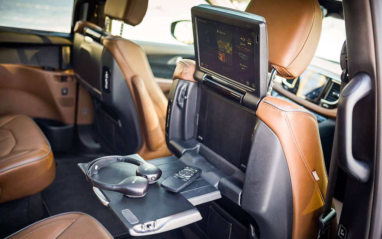 В спинки передних сидений встроены не только столики, но и индивидуальные экраны с разъемами USB, AUX и HDMI. Для каждого пассажира – отдельные наушники и пульт управления.