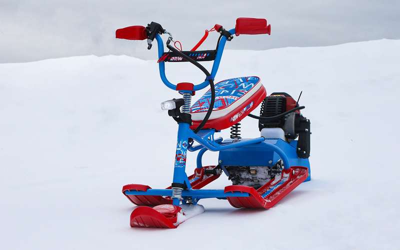 ­«На хвосте» у обычного детского снегоката блок с небольшим двигателем и гусеницей.