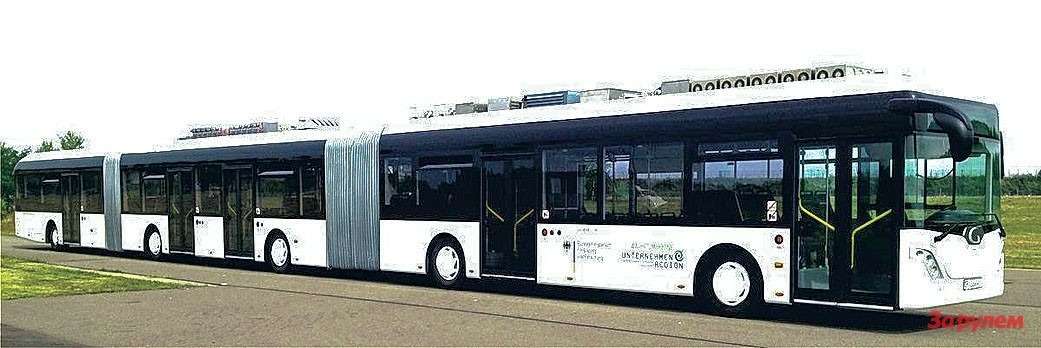 Немецкий 30-метровый десятиколесный дизель-электробус «АутоТрам-Экстра Гранд» способен перевозить 256 пассажиров.