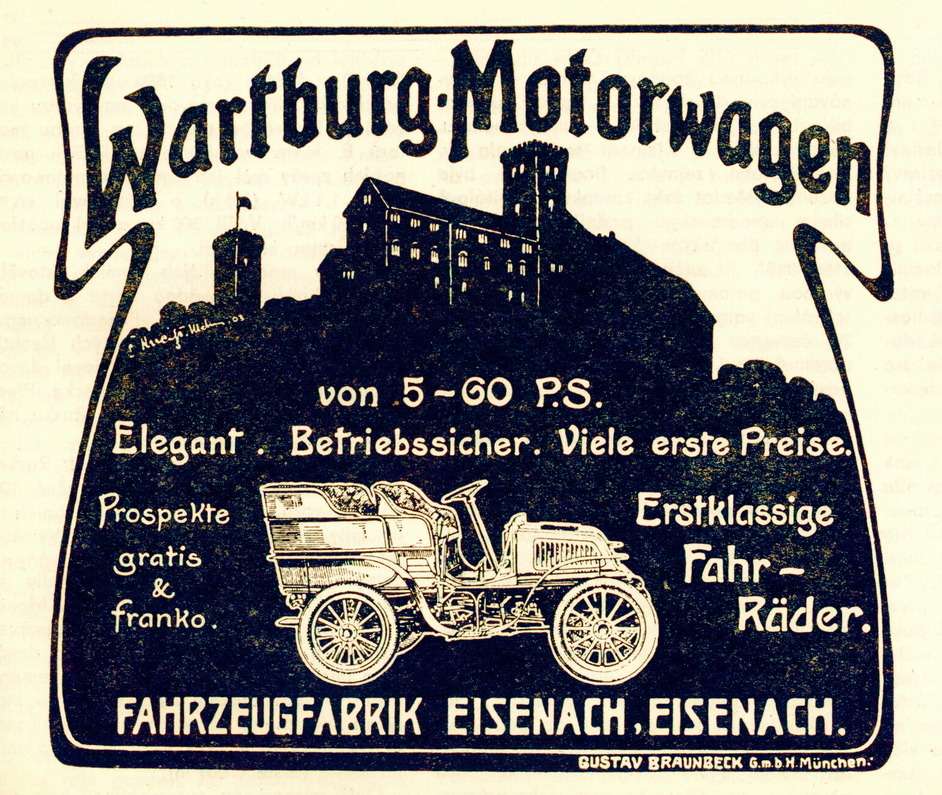 На рекламе продукции Fahrzeugefabrik Eisenach AG непременно присутствовал силуэт знаменитого замка