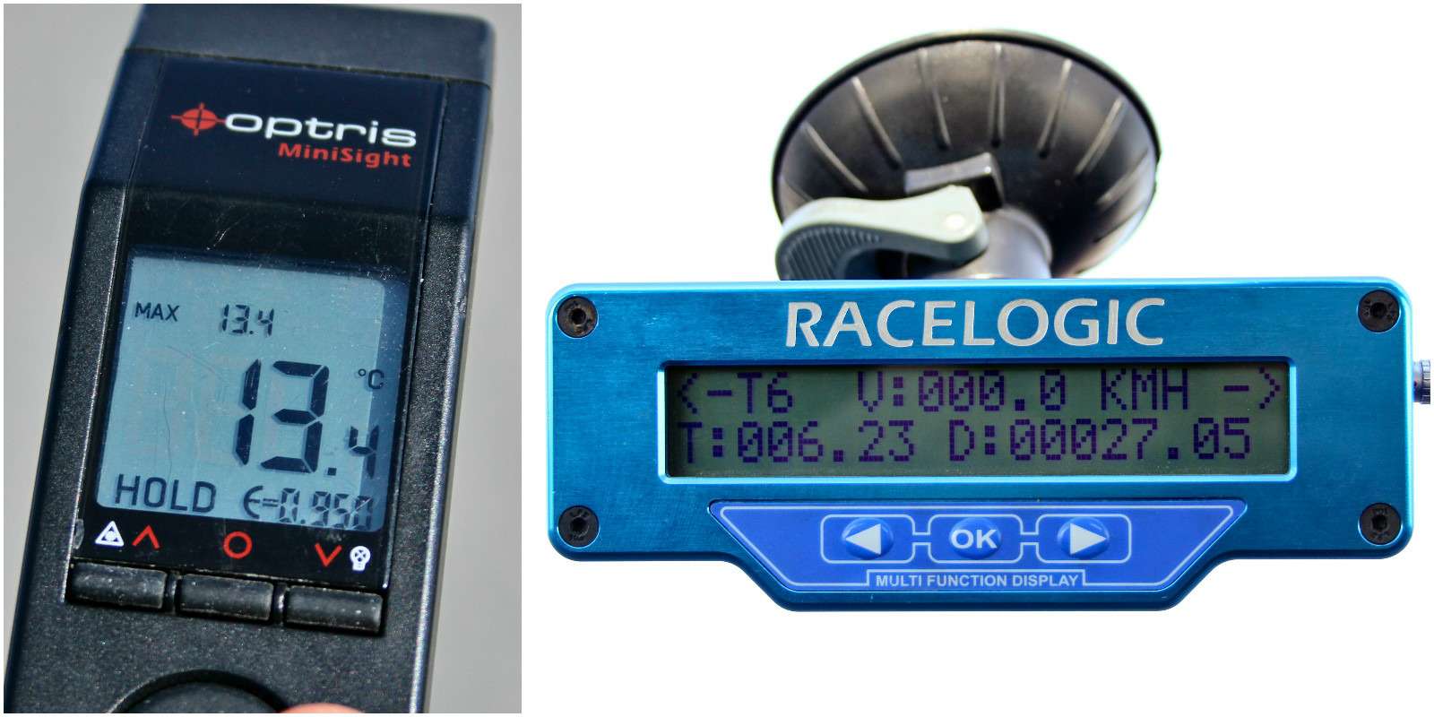Наши помощники во время теста: комплекс VBOX Racelogic, который использовался для измерения скорости автомобиля и тормозного пути (на основе данных GPS), и инфракрасный ручной термометр Optris MS – для определения температуры асфальта.