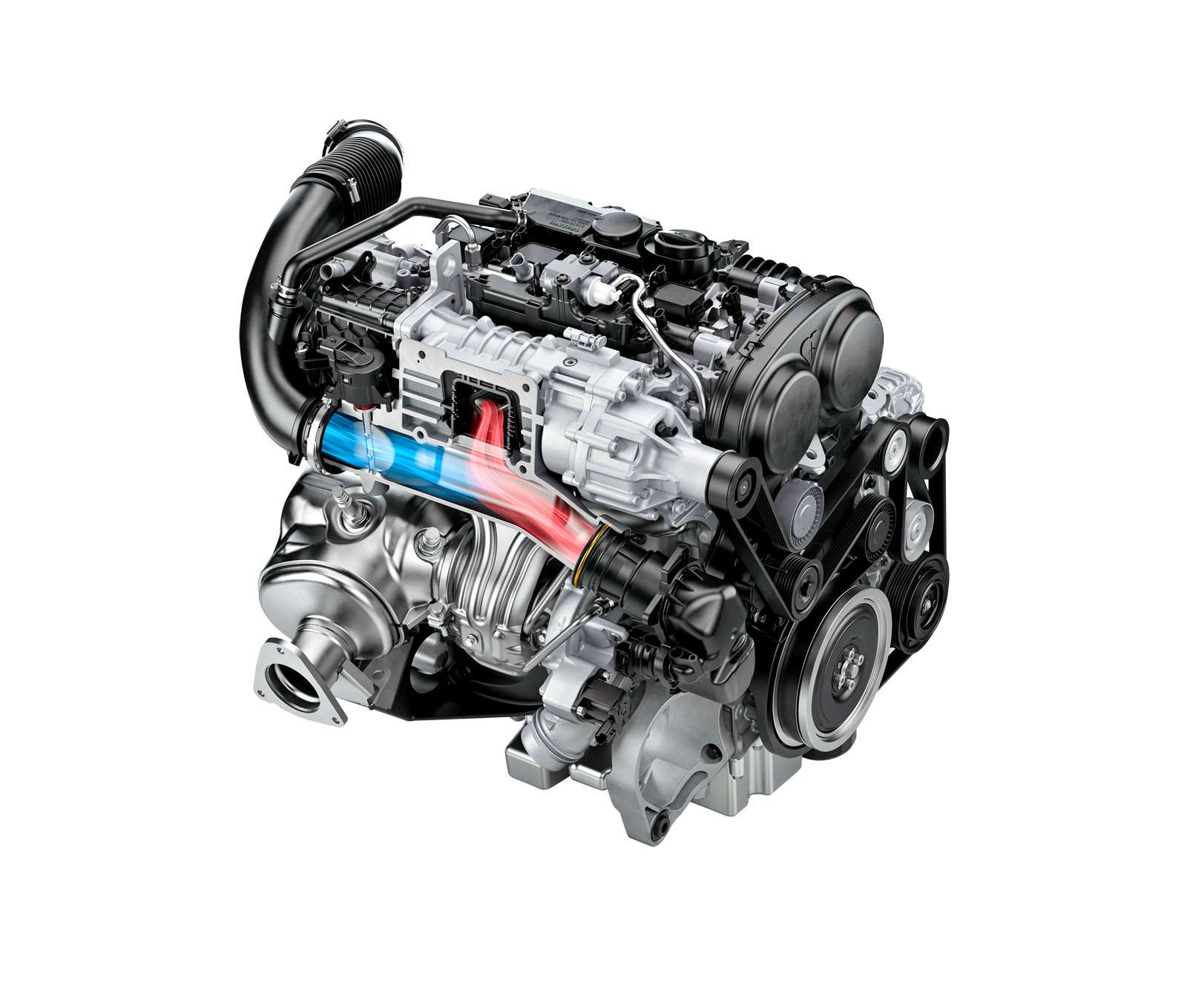 Бензиновый двигатель T6 оснащен компрессором и турбонаддувом. До 3500 об/мин они работают сообща, а на более высоких оборотах действует только турбина.