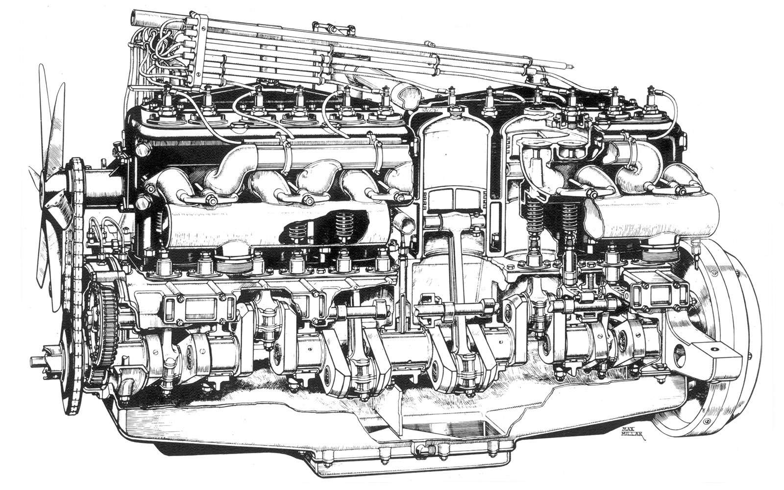Rolls-Royce Silver Ghost. Его шестицилиндровый двигатель рабочим объемом 7 литров, с двумя свечами на каждый цилиндр, выдавал мощность около 50 сил и работал очень плавно.