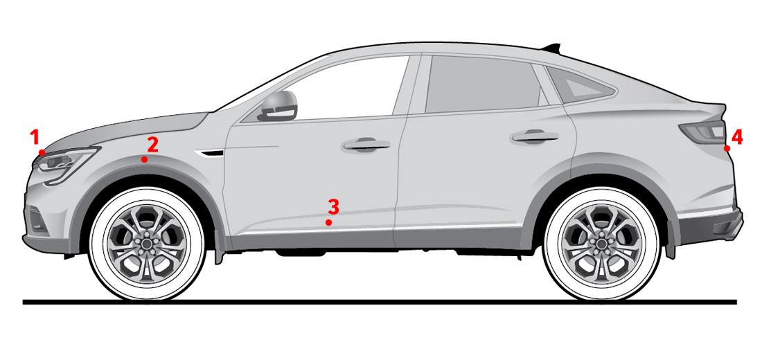 Толщину ЛКП измеряем в четырех точках кузова: в районе передней кромки капота, на крыле (в районе колесной арки), на пороге (при невозможности замера — в нижней части двери), а также в районе нижней кромки крышки багажника.